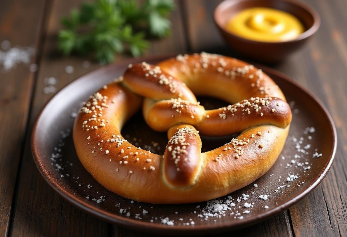 Knusprige Brezel auf einem rustikalen Teller mit süßem Senf für Weißwurstgenuss.