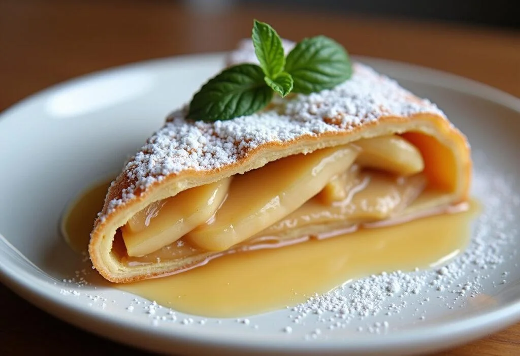 Fertig gebackener Apfelstrudel mit Vanillesoße, Puderzucker und Minzblatt garniert.