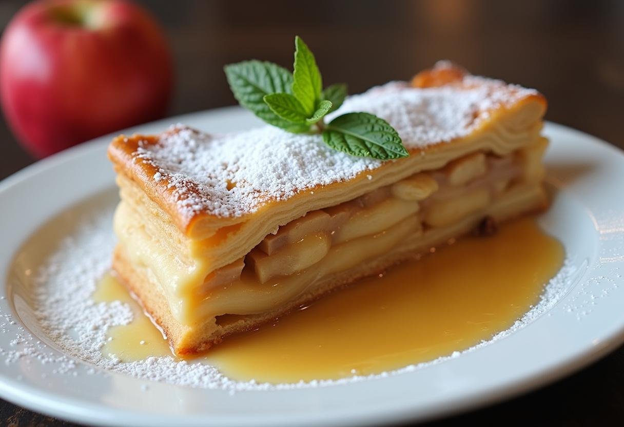 Fertig gebackener Apfelstrudel mit Vanillesoße, Puderzucker und Minzblatt garniert.