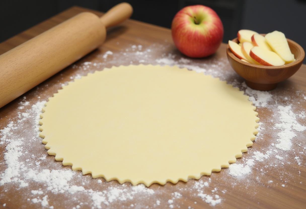 Dünner Strudelteig auf einer bemehlten Fläche für buttrige Apfelstrudelträume.
