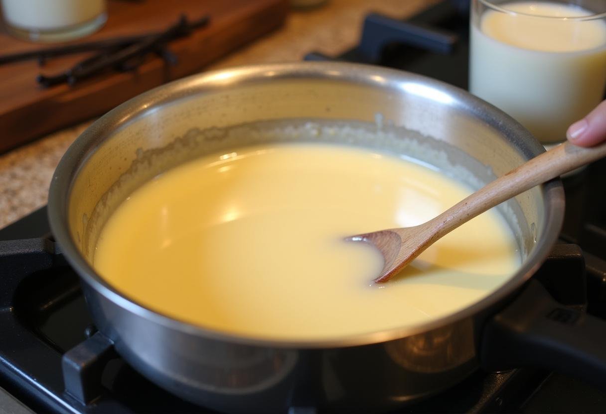 Cremige Vanillesoße wird in einem Topf auf dem Herd gerührt.
