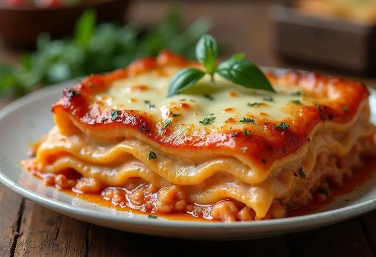Deliciously baked lachs lasagne mit spinat, ready to serve and enjoy.