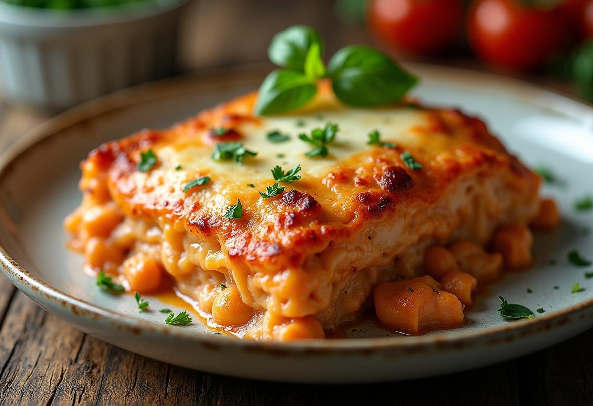 Köstlich gebackene Lachs Lasagne mit Spinat, bereit zum Servieren und Genießen.