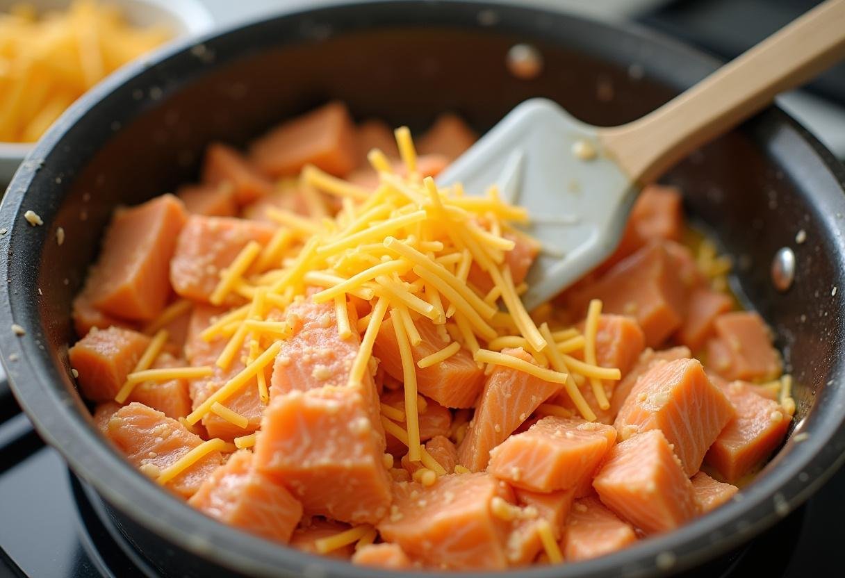 Zerpflückter Lachs mit Käse gemischt zur Zubereitung einer cremigen Lachs Lasagne.