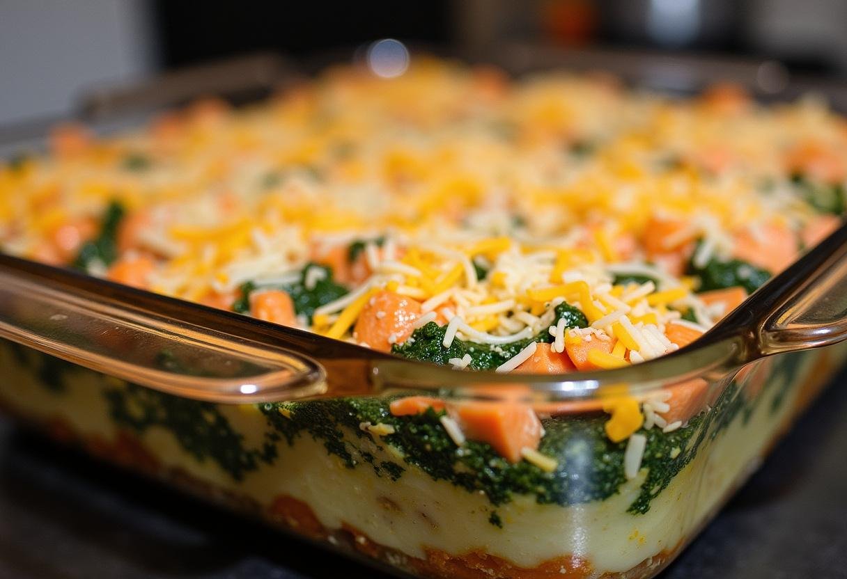 Geschichtete Lachs Lasagne mit Spinat, bereit zum Backen im Ofen.