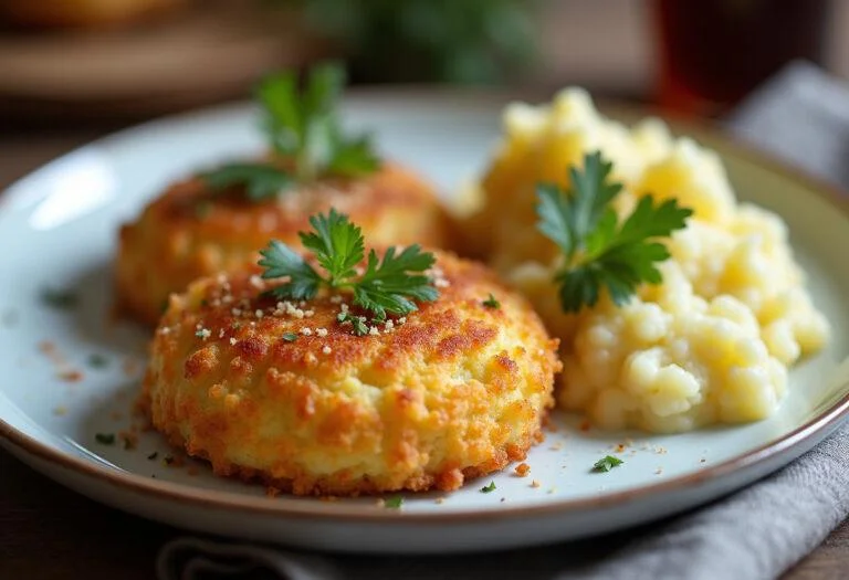 Golden and crispy Kartoffelklöße served with creamy potato mash, a traditional German dish.
