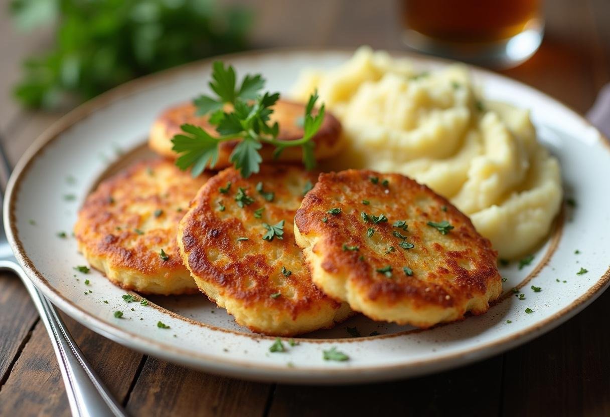 Goldbraune und knusprige Kartoffelklöße serviert mit cremigem Kartoffelpüree, ein traditionelles deutsches Gericht.