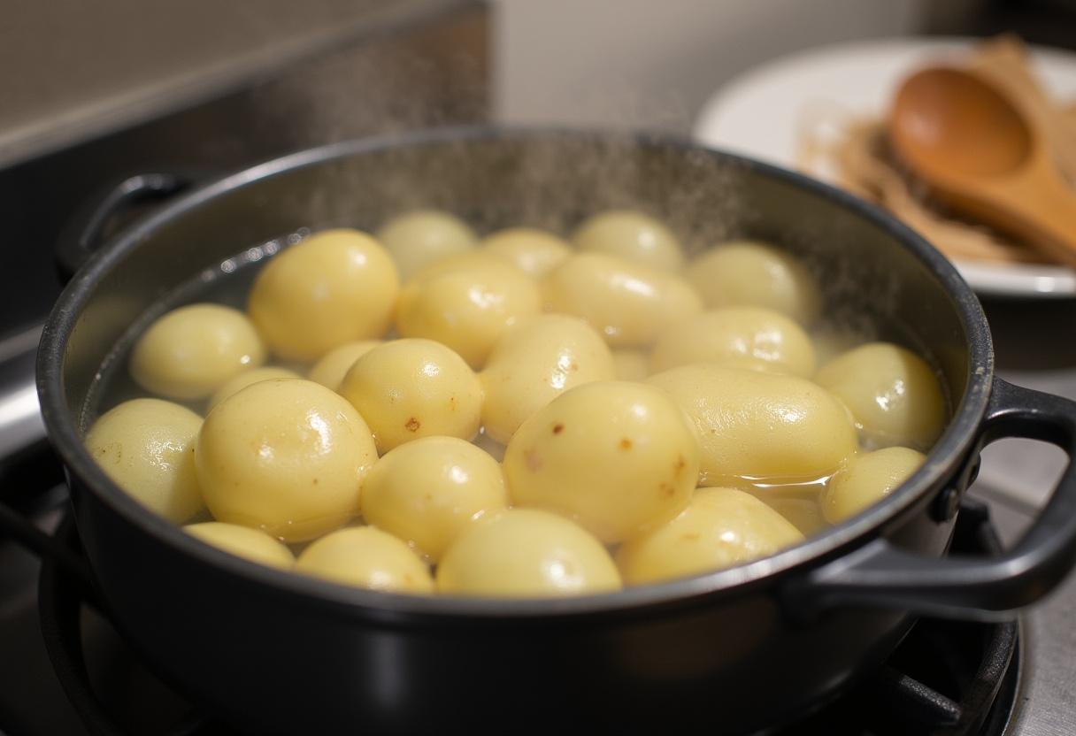 Geschälte Kartoffeln kochen im Wasser für knusprige Kartoffelklöße.