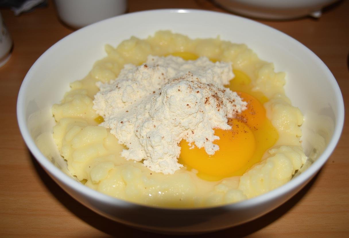 Kartoffelpüree-Mischung mit Mehl und Ei für Kartoffelklößteig.