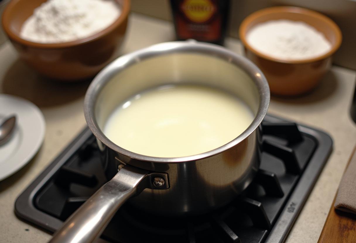 Zutaten für Pudding: Milch, Zucker, und Vanilleextrakt auf der Küchentheke für einfaches Dessert.