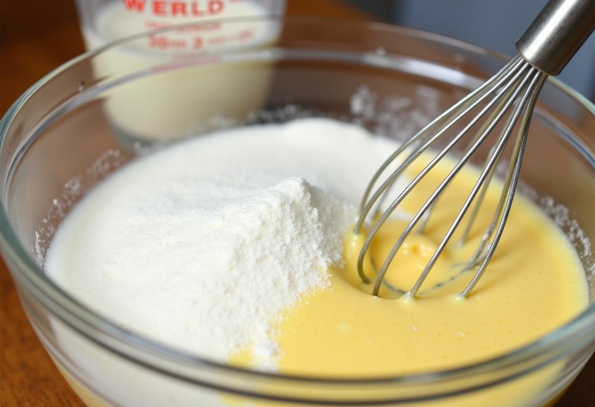 Zucker und Speisestärke werden für Pudding gemischt, um einfaches Dessert vorzubereiten.