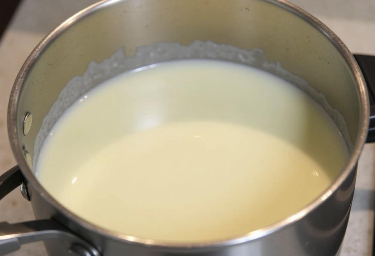Milch und Pudding-Mischung werden im Topf zusammengefügt, um Pudding für Kirschen zuzubereiten.