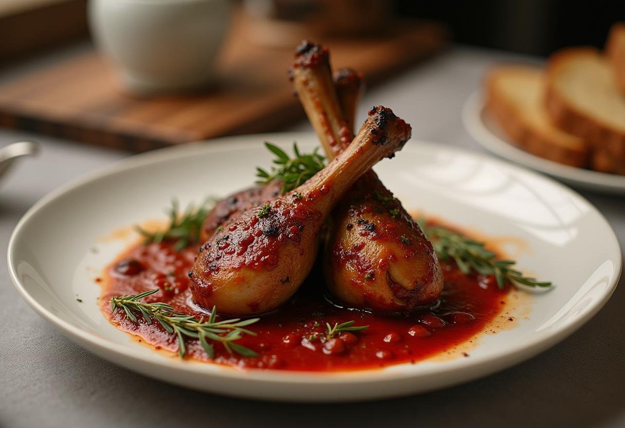Fertige geschmacksintensive Hasenpfoten in Rotweinsoße, garniert mit frischen Kräutern und serviert mit rustikalem Brot.