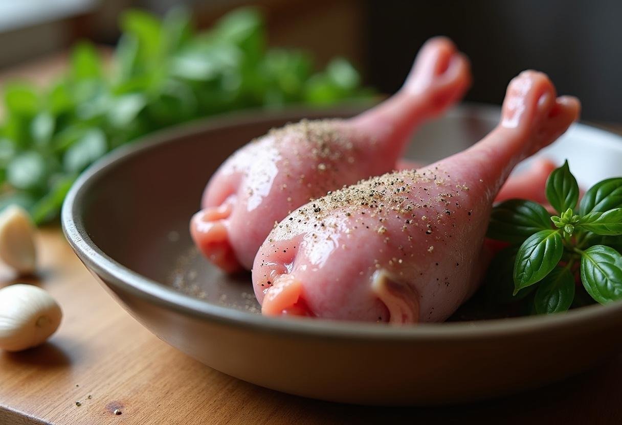 Geschmacksintensive Hasenpfoten mit Salz, Pfeffer und frischen Kräutern zum Marinieren.