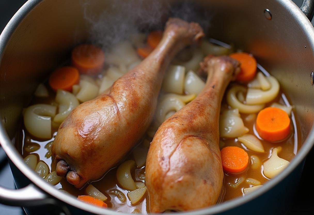 Hasenpfoten werden goldbraun angebraten, während Zwiebeln und Karotten hinzugefügt werden.