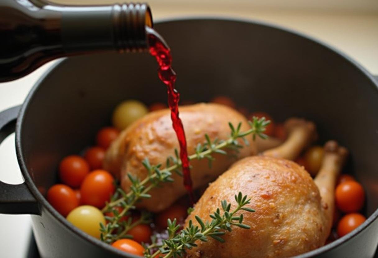 Rotwein wird über die gebräunten Hasenpfoten und Gemüse gegossen, um eine aromatische Soße zu kreieren.