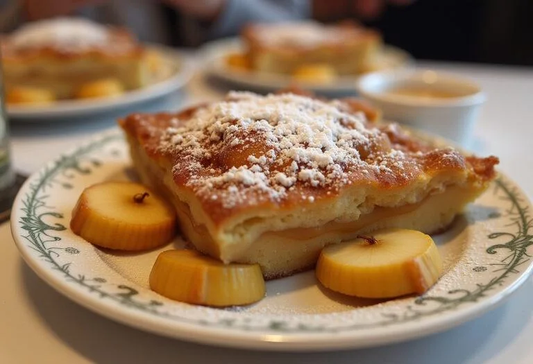 Fertiger Golden Apfelkuchen mit knusprigen Streuseln und Puderzucker, serviert mit Vanillesauce.