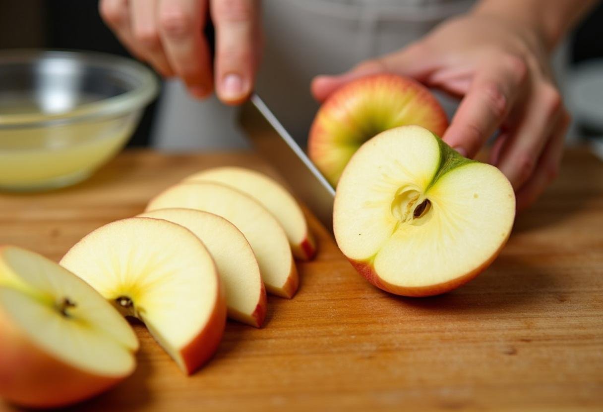 Frische Äpfel werden geschält und in Scheiben geschnitten für Golden Apfelkuchen mit Streusel.