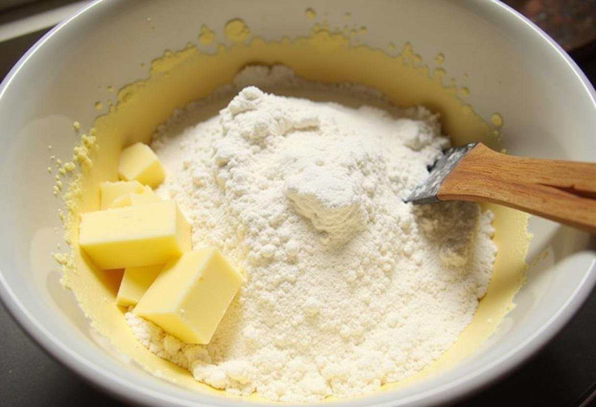 Mehl, Zucker und Butter werden vermischt für den Teig des Golden Apfelkuchens.