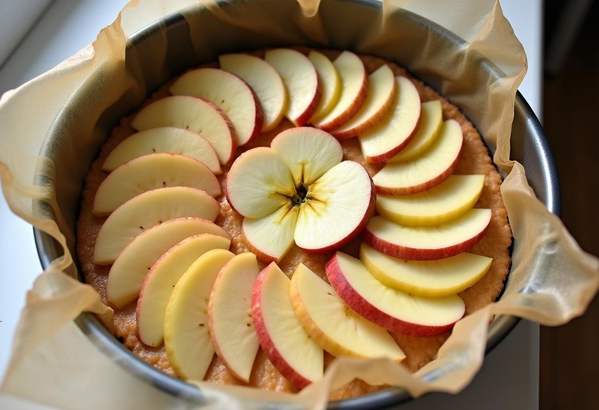 Der Teig wird in eine Backform gegeben und mit Apfelscheiben belegt für den Golden Apfelkuchen.