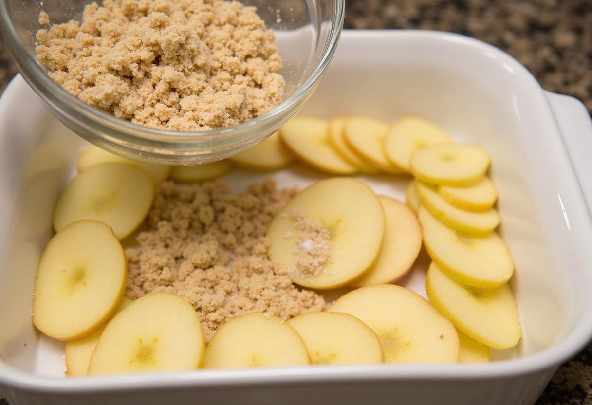 Streusel aus Mehl, Zucker und Butter werden über die Apfelscheiben gestreut für den Golden Apfelkuchen.