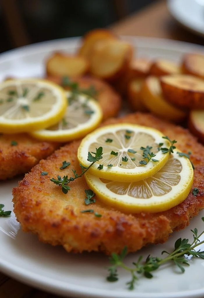 Finished Golden Crispy Schnitzel elegantly plated with lemon slices and herbs, perfect for dinner.