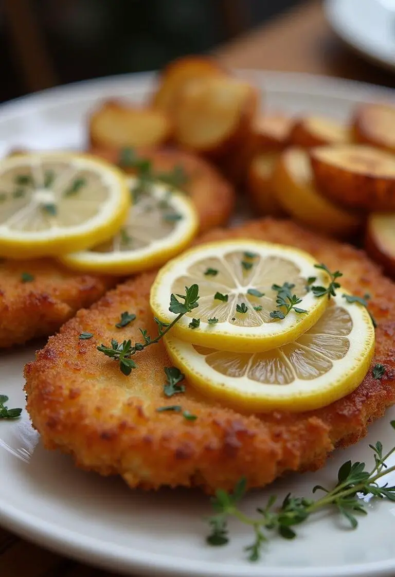 Finished Golden Crispy Schnitzel elegantly plated with lemon slices and herbs, perfect for dinner.