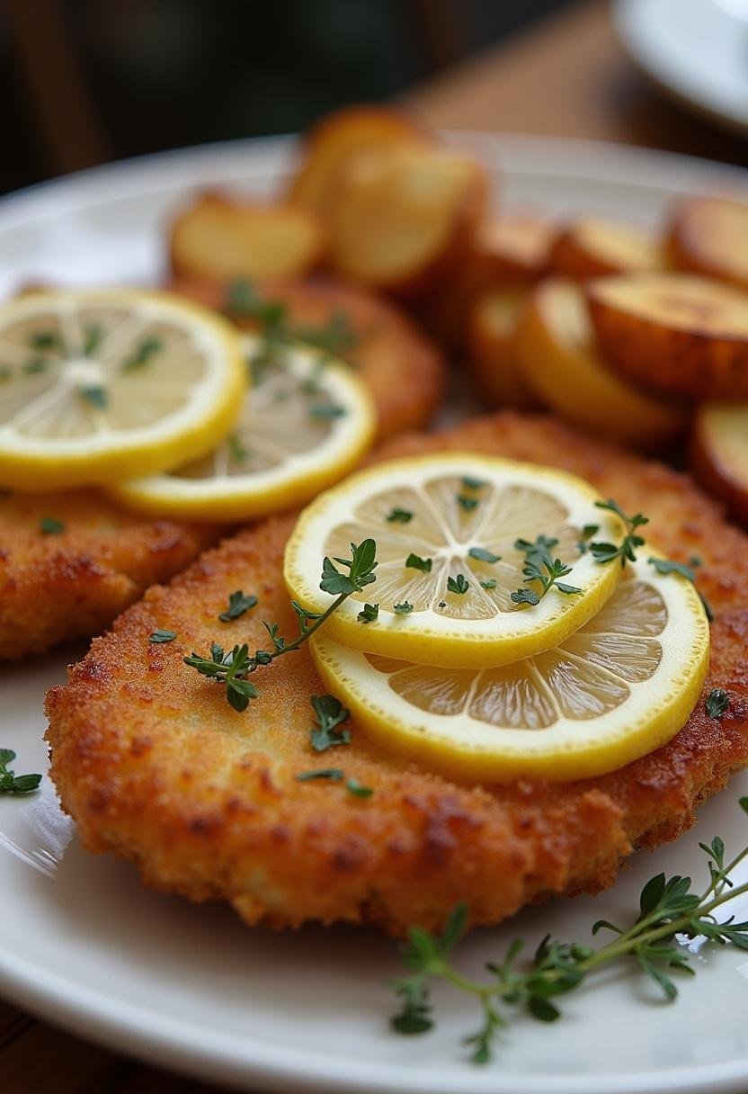 Finished Golden Crispy Schnitzel elegantly plated with lemon slices and herbs, perfect for dinner.