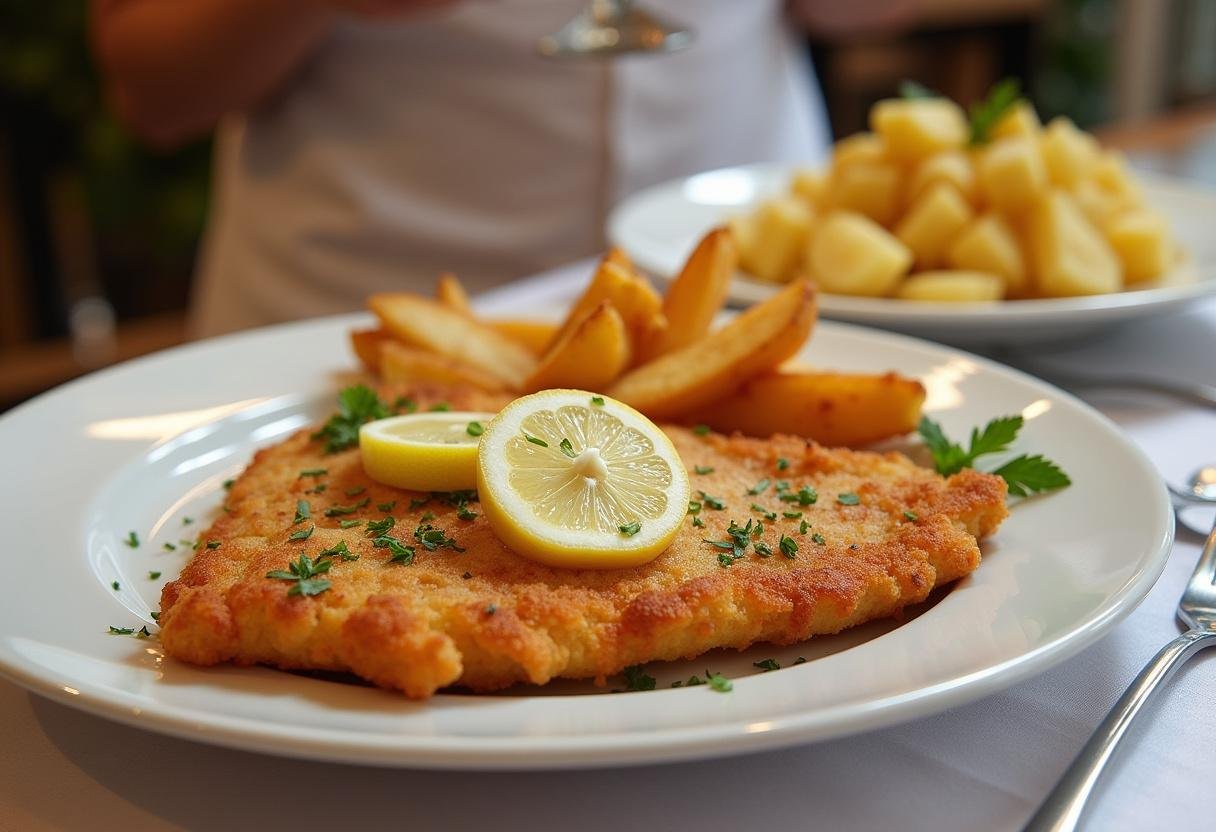 Fertiges Golden Crispy Schnitzel, elegant angerichtet mit Zitronenscheiben und Kräutern, perfekt zum Abendessen.