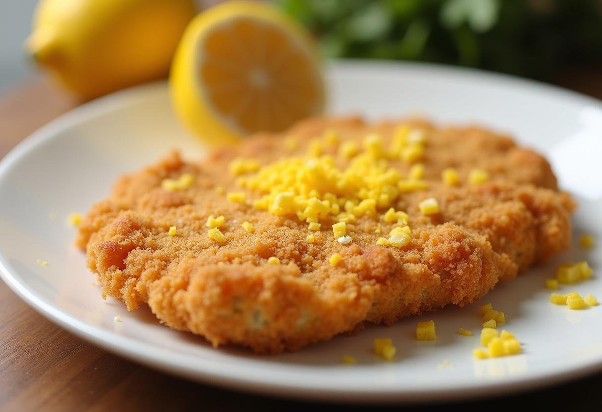 Paniertes Schnitzel mit Zitronenzeste, bereit zum Braten im Golden Crispy Schnitzel Rezept.