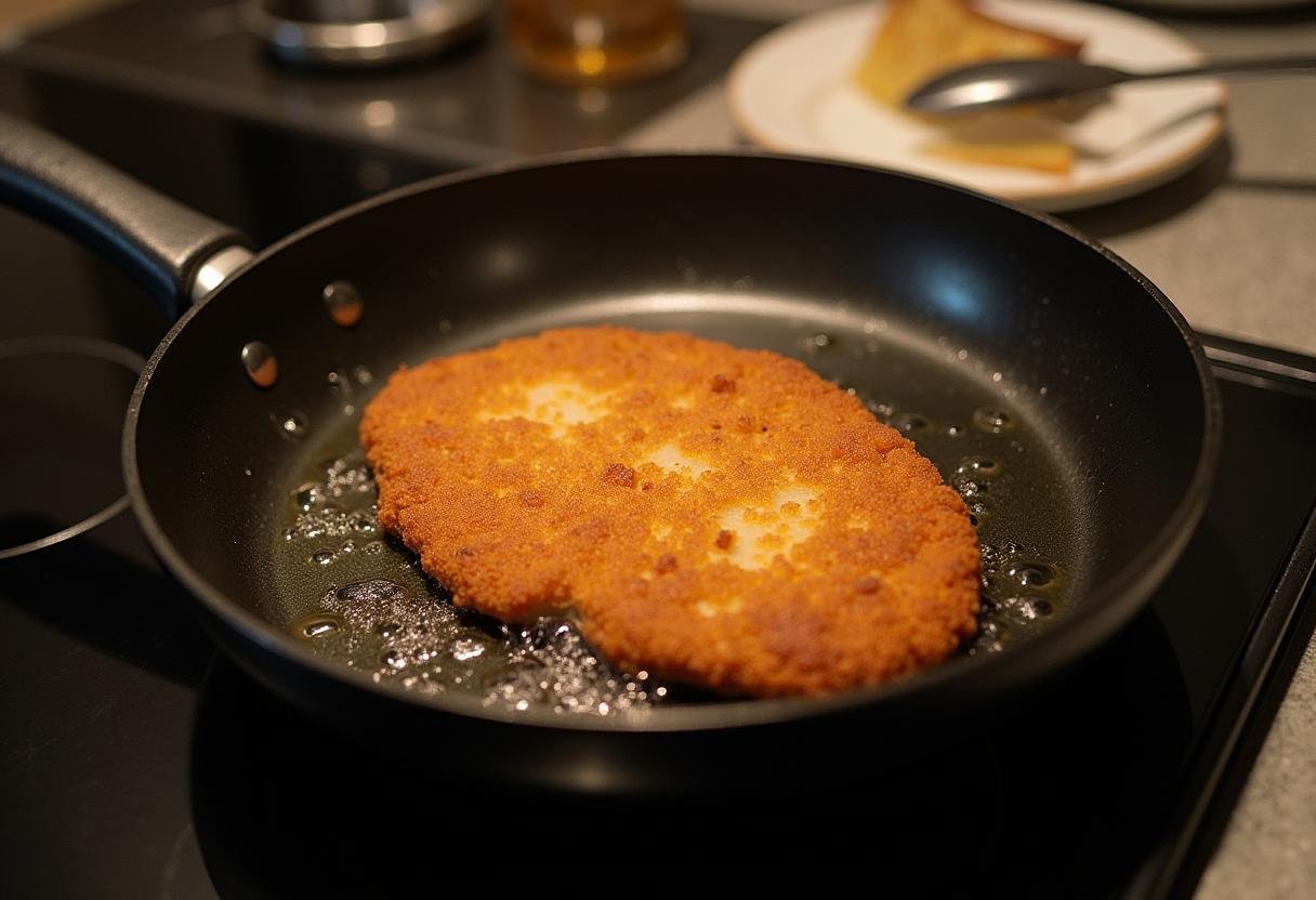 Zischendes Schnitzel, das in Öl gebraten wird, zur Vorbereitung des Golden Crispy Schnitzels.