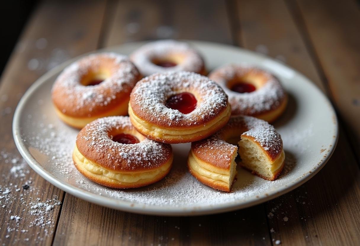 Goldbraune Berliner Pfannkuchen mit Puderzucker bestäubt und Marmeladenfüllung, perfekt zum Servieren.