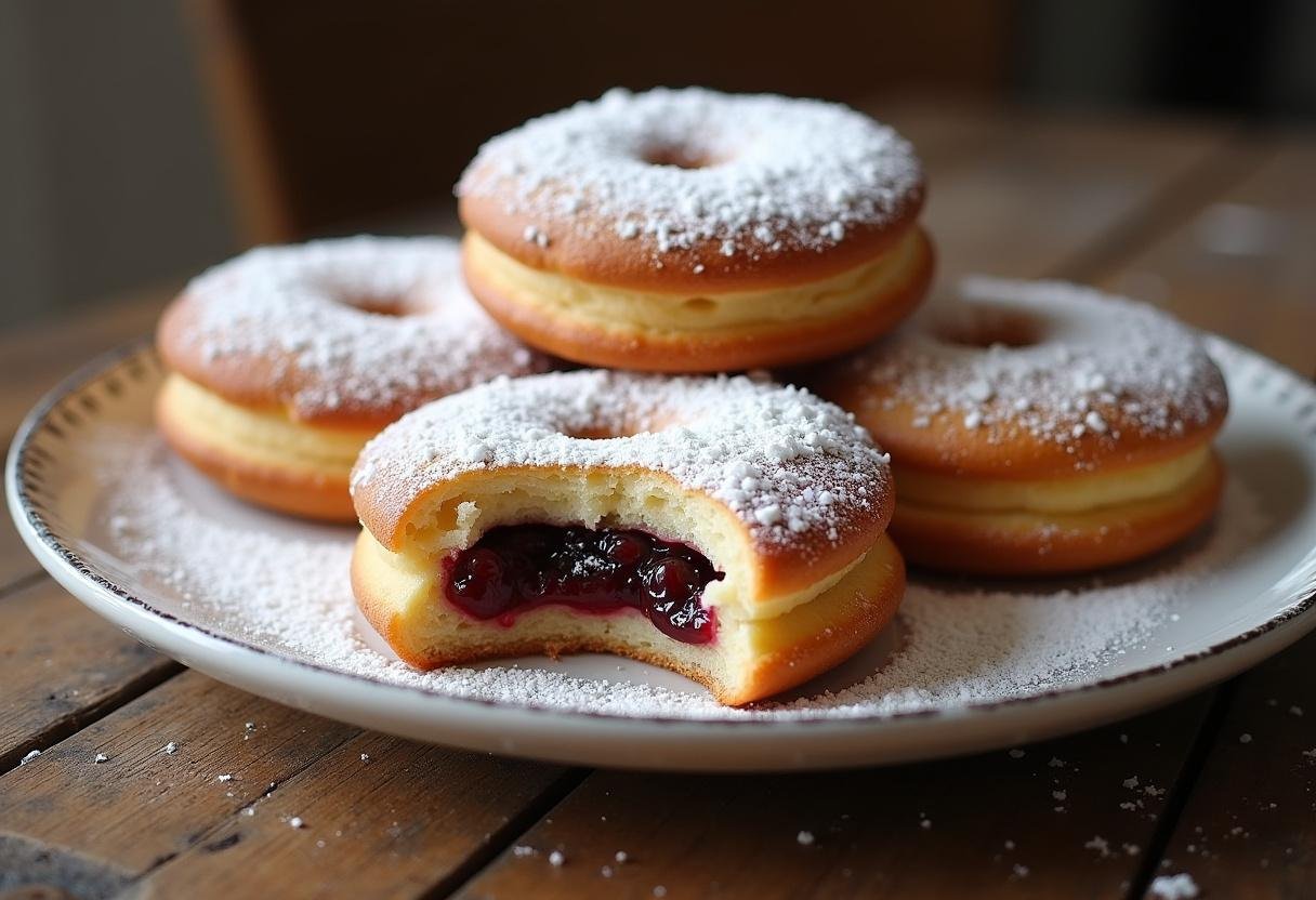 Goldbraune Berliner Pfannkuchen mit Puderzucker bestäubt und Marmeladenfüllung, perfekt zum Servieren.