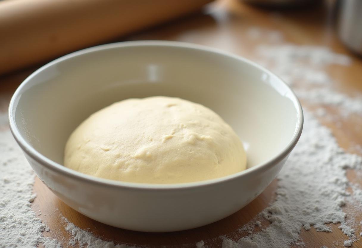 Glatter Hefeteig für goldene Berliner Pfannkuchen auf einer bemehlten Arbeitsfläche.