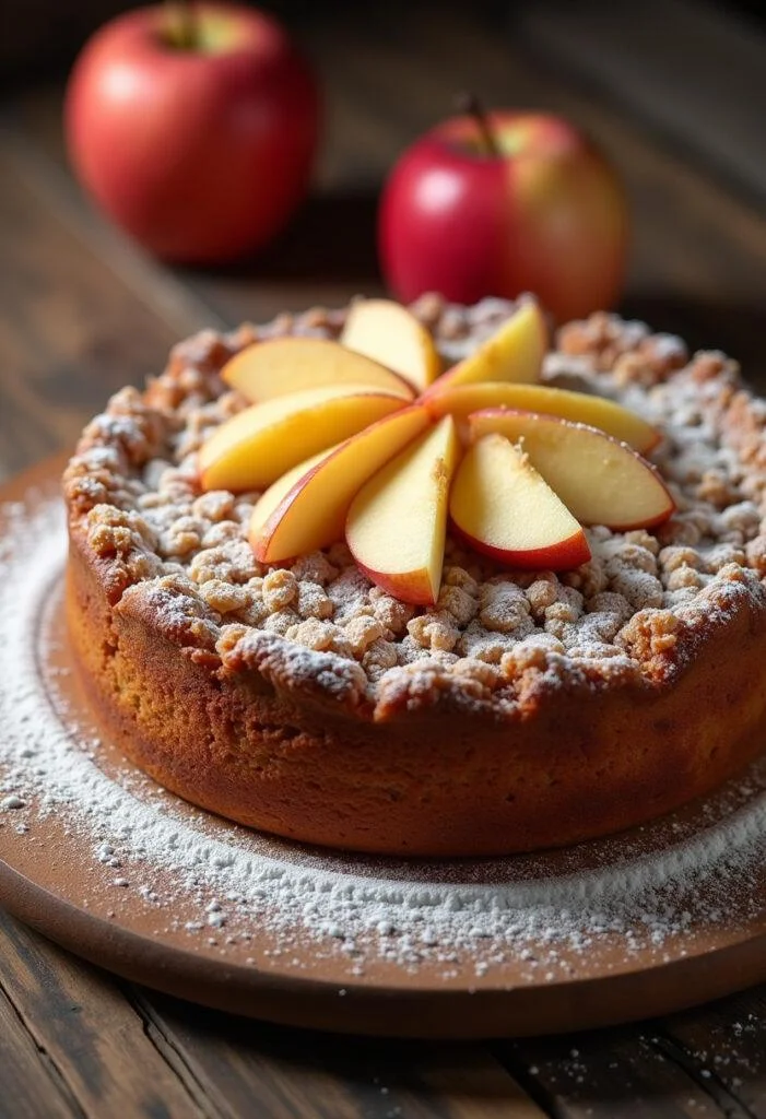 Fertiger goldener Apfelkuchen mit Streuseln, ideal für festliche Anlässe.
