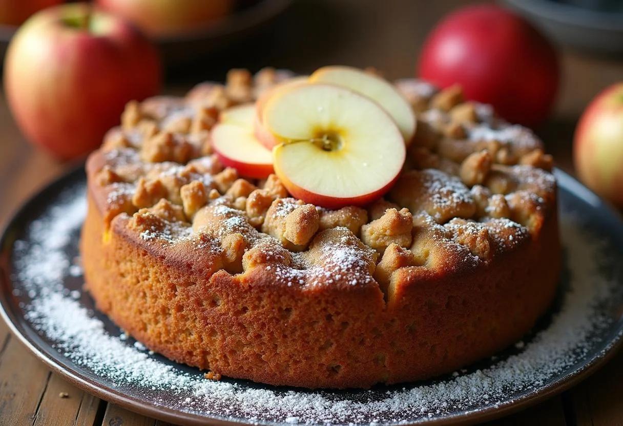 Fertiger goldener Apfelkuchen mit Streuseln, ideal für festliche Anlässe.