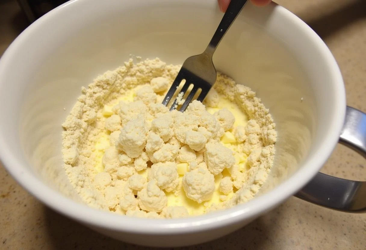 Streusel-Topping für den goldenen Apfelkuchen in einer Mischschüssel, bereit zum Backen.