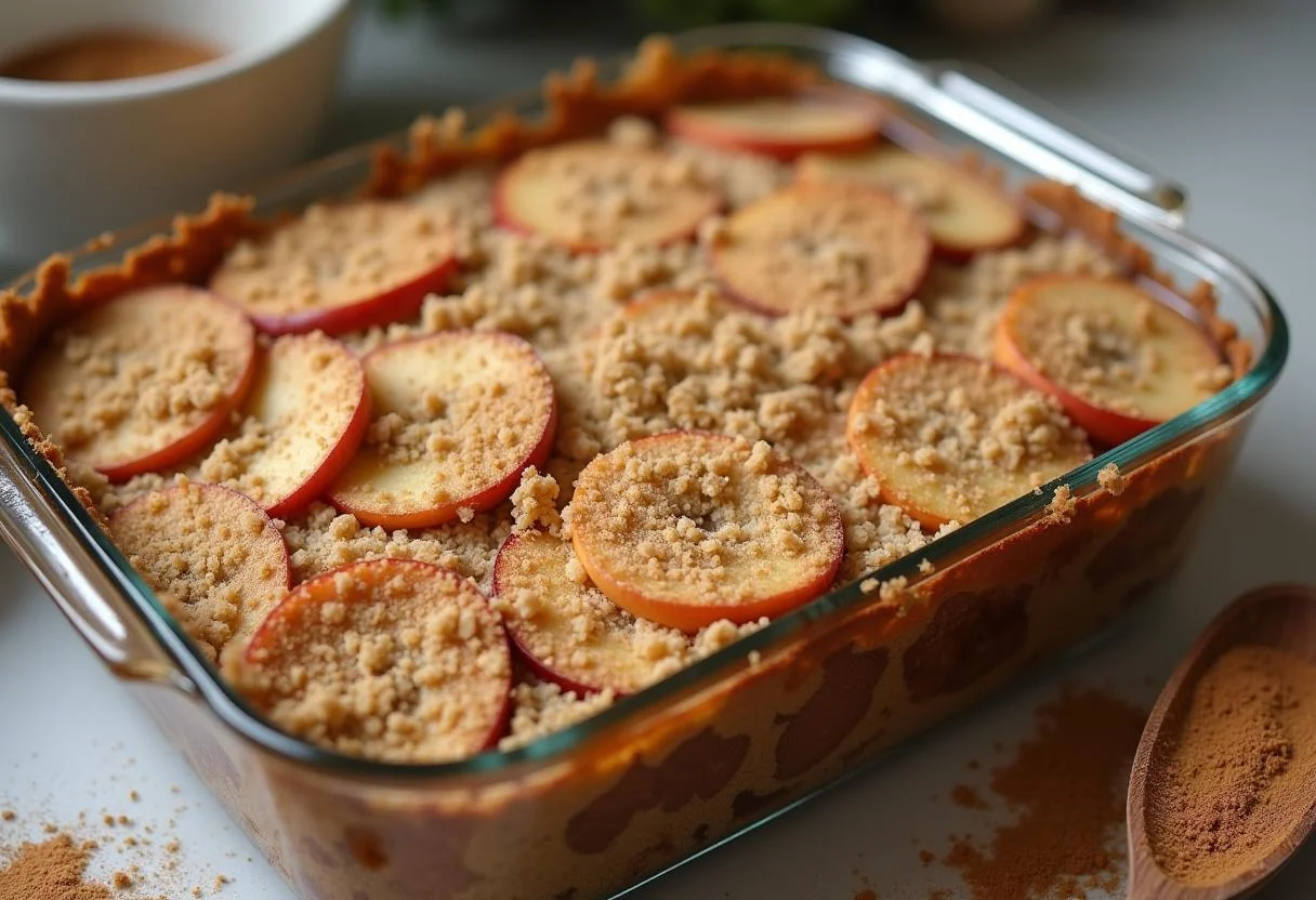 Auflauf mit geschichteten Äpfeln und Streuseln, bereit zum Backen im Ofen.
