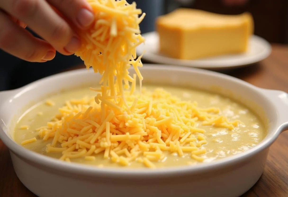 Grated cheese being added to kohlrabi kartoffeln auflauf before baking for a cheesy finish.