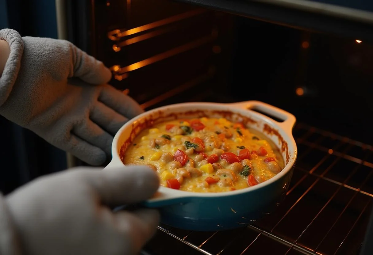 Kohlrabi kartoffeln auflauf being placed in the oven to bake until golden and bubbly.