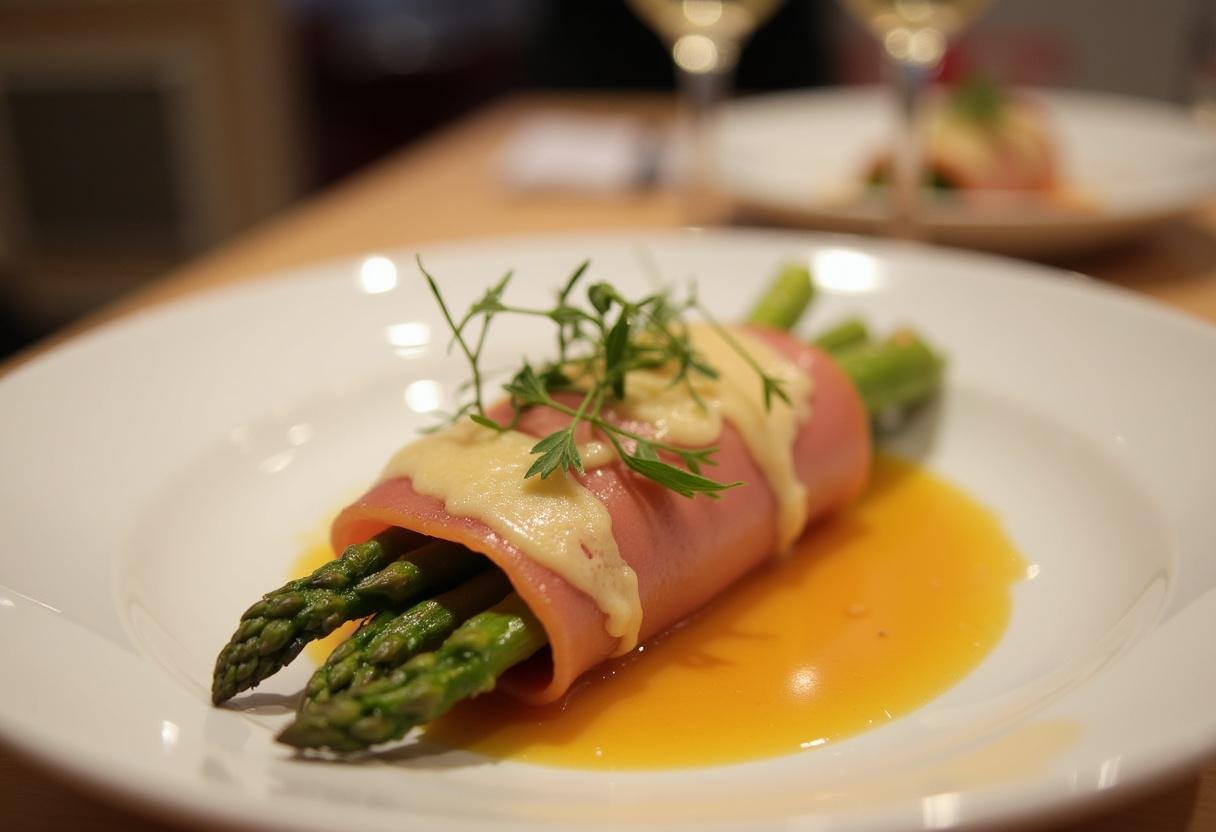 Fertige Klassischer Spargel mit Schinken Röllchen, überbacken mit Käse, perfekt für festliche Anlässe.