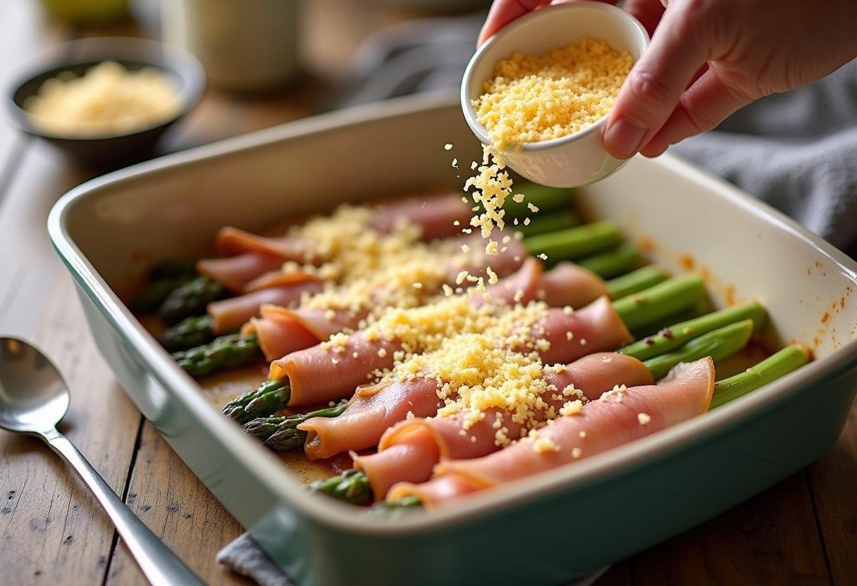 Geriebener Käse, der über Spargel und Schinken verteilt wird für Klassischer Spargel mit Schinken Röllchen.