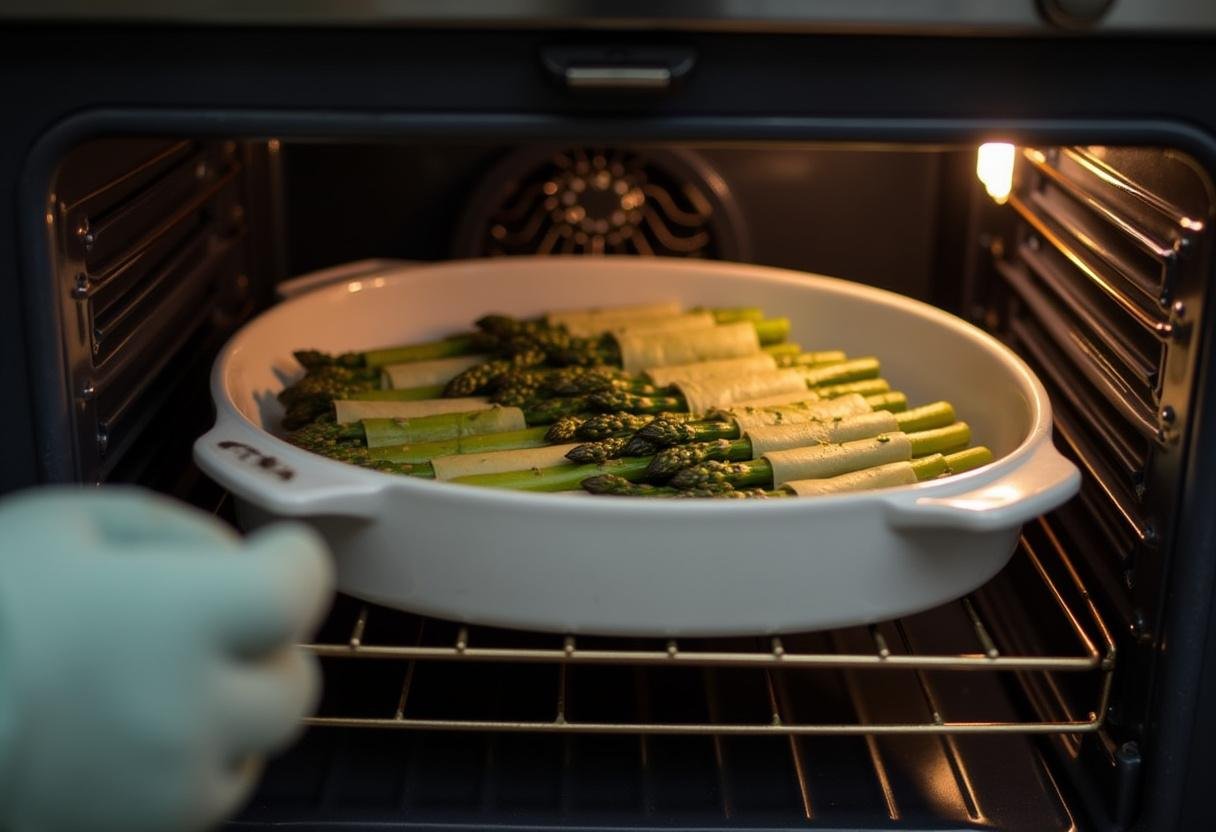 Auflaufform mit Spargel und Schinken, die ins Ofen geschoben wird für das Kochen von Klassischer Spargel mit Schinken und Käse überbacken.