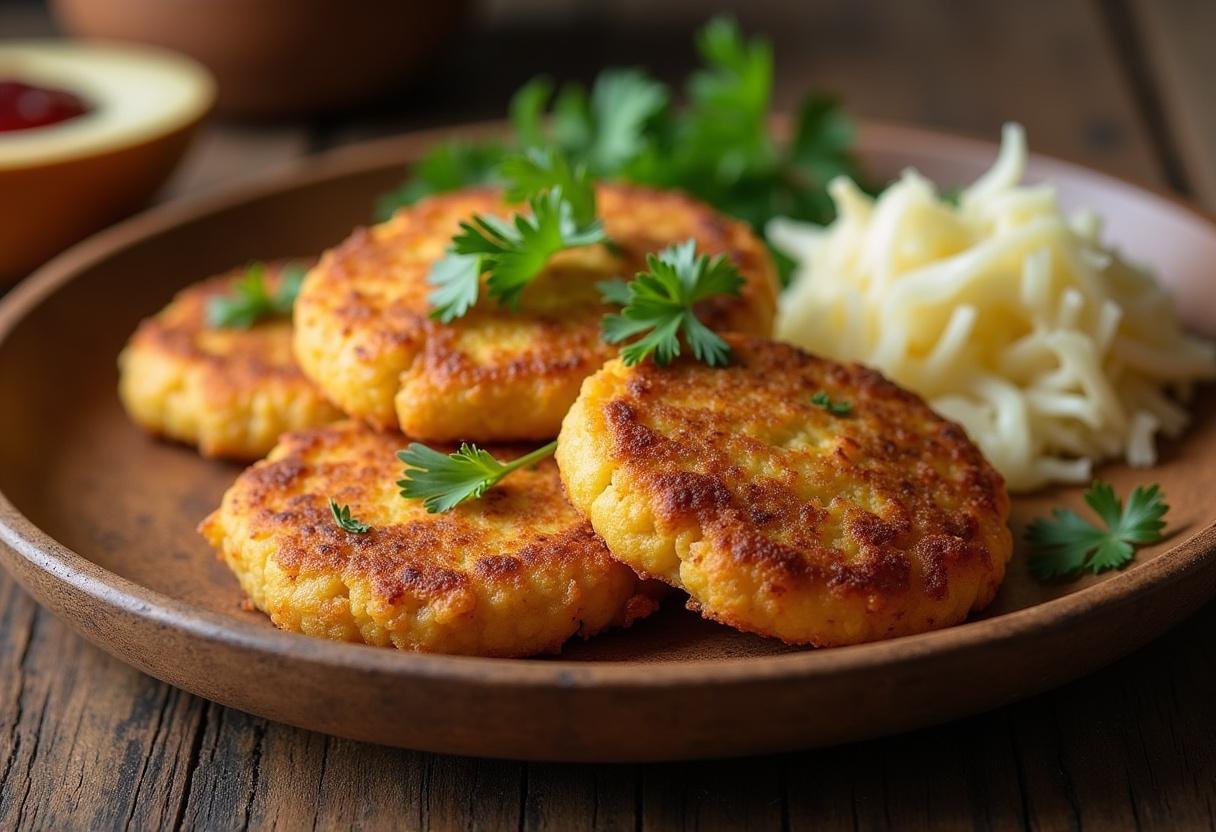 Knusprige Kartoffelklöße der Perfektion, goldbraun gebraten und mit Petersilie garniert.