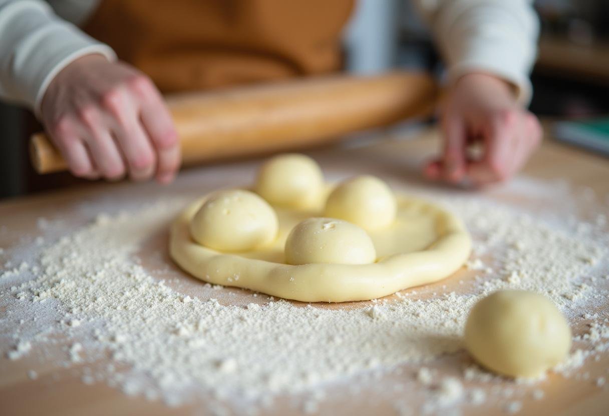 Kartoffelteig wird zu gleichmäßigen Klößen geformt auf einer bemehlten Arbeitsfläche.