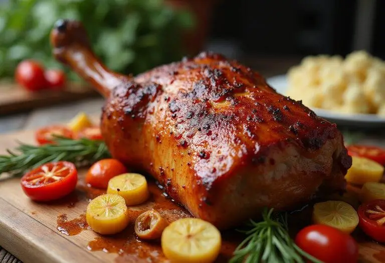 Finished Knusprige Schweinekrustenbraten with crispy skin and roasted vegetables, perfect for a hearty meal.