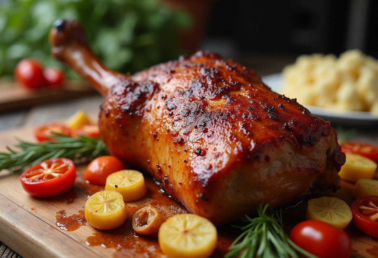 Finished Knusprige Schweinekrustenbraten with crispy skin and roasted vegetables, perfect for a hearty meal.