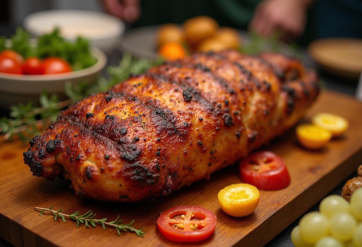 Fertiger knuspriger Schweinekrustenbraten mit goldbrauner Kruste und gebratenem Gemüse, angerichtet auf einem rustikalen Holzteller