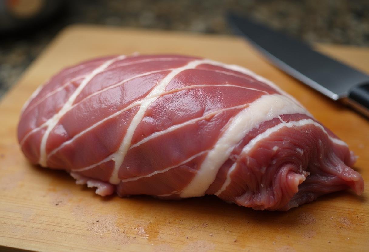 Detailaufnahme einer Schweineschulter mit fachmännisch eingeritzter Schwarte für den perfekten Krustenbraten