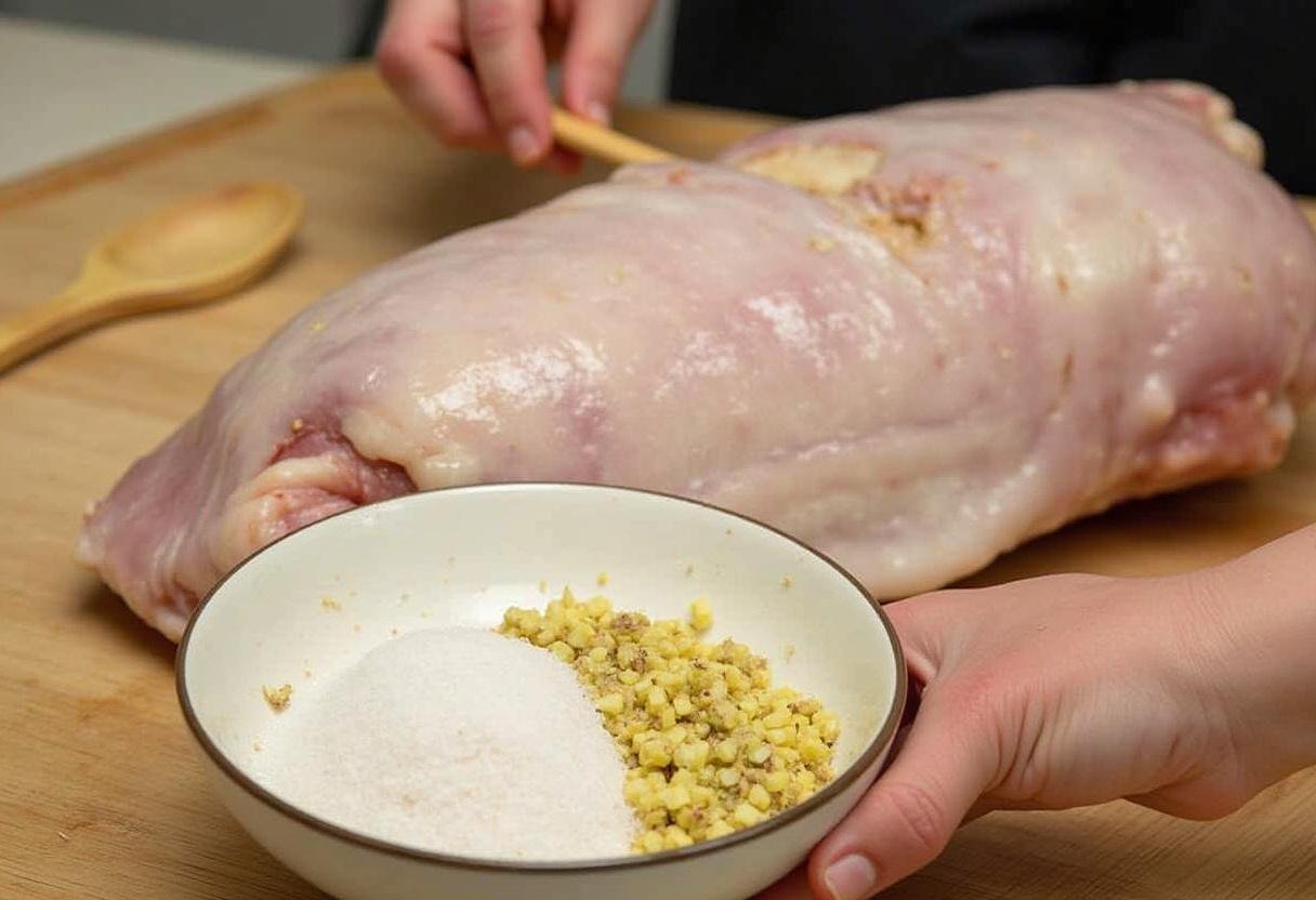 Nahaufnahme der Gewürzmischung aus Knoblauch, Kümmel und Majoran auf dem Schweinebraten